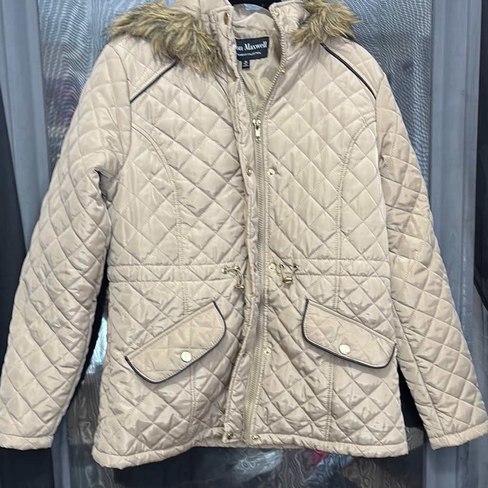 Jason Maxwell Quilted Tan Jacket with Faux Fur Hood